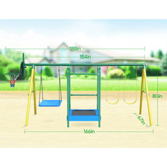 Kids Outdoor Playground Heavy-Duty Swing Play Set W/ Trampoline Basketball Hoop
