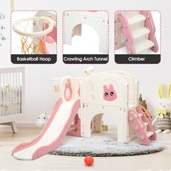 6 in 1 Toddler Slide Playset Climber Playground for Kids w/ Basketball Hoop Pink