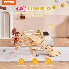 Large 4-in-1 Wooden Climbing Triangle with Ramp, Natural Color, Ages 1-3