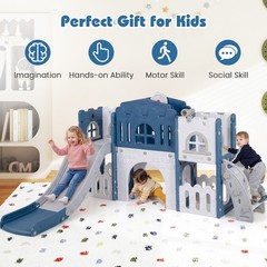 All in 1 Toddle Slide Playset Freestanding Kids Slide w/ Tunnel Basketball Hoop