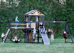Timber Crossing Swing Set – Cedar Wood Outdoor Playset, Rock Wall, Slide, Swings
