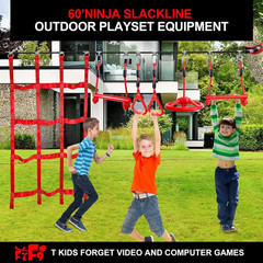 60FT Ninja Warrior Obstacle Course for Kids – Slackine Playset with Monkey Bars,