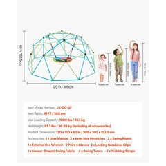 10 Ft. Climbing Dome with Saucer Swing, 1000 Lbs. Jungle Gym, Outdoor Set for Ki
