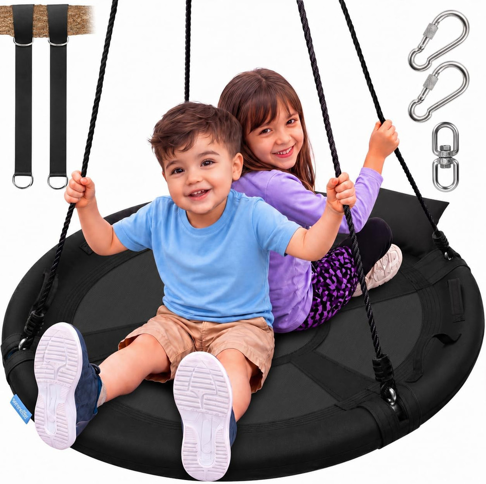 Serenelife 40″ Outdoor Saucer Swing Set with Universal Hanging Kit, Black