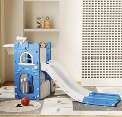 6-in-1 Toddler Slide w/ Storage, Hoop, Telescope, L Slide, Blue for Kids