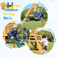 Wooden Swing Set Swings Slide Climbing Rope Ladder for Kids Ages 3-10