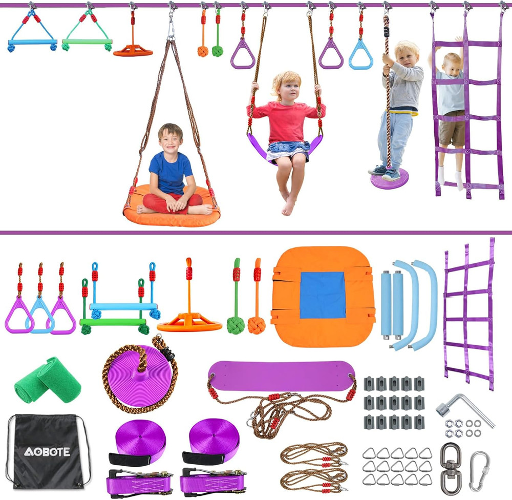 Ninja Warrior Obstacle Course for Kids,2X56Ft Slackline with 12 Accessories,Sauc