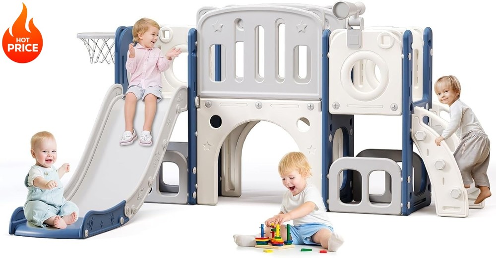 8 in 1 Toddler Slide Kids Climber Slide with Storage Space Hoop Outdoor Playset
