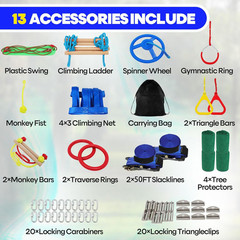 2X50 Ft Ninja Obstacle Course Kit for Kids with Slackline and 13 Fun Accessories