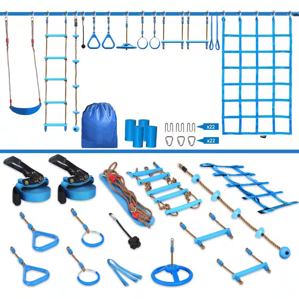 56 Ft. Ninja Warrior Obstacle Course Kit with 12 Obstacles, Galvanized Steel, We