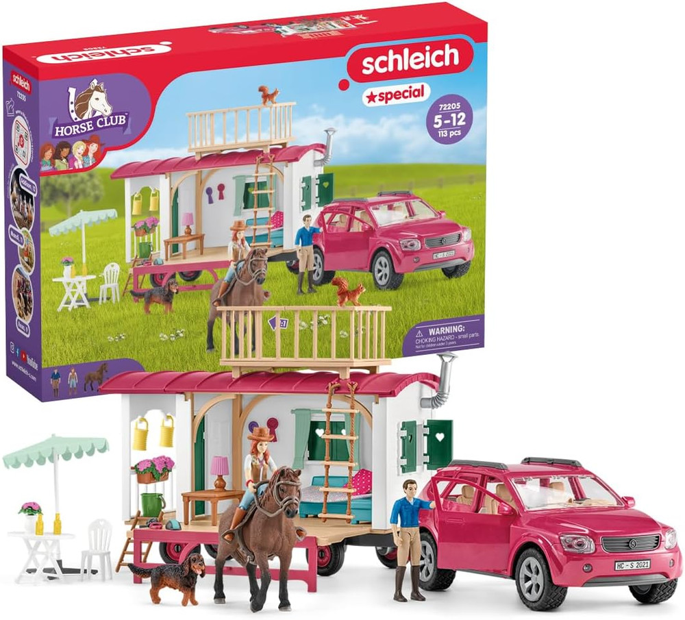 Horse Club – 113PC Interactive Camping Trip – Car and Camper Caravan Playset wit