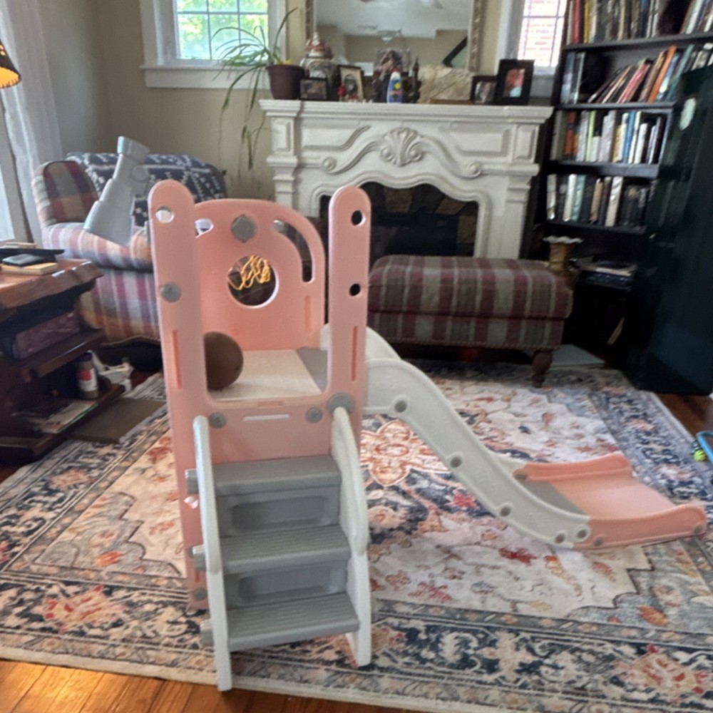 Pink and White Indoor Kids Slide with Basketball Hoop and Telescope for Ages 1-4