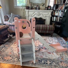 Pink and White Indoor Kids Slide with Basketball Hoop and Telescope for Ages 1-4