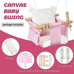 Indoor Baby Swing Wooden Baby Hanging Swing Chair Canvas Baby Pink and White