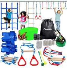 52′ Slackline & steel ratchet Ninja Line w/11 Hanging Obstacle Attachments. 5+