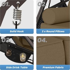 3 Seat Outdoor Porch Swing Chair, Adjustable Canopy Swing Bench, Convertible