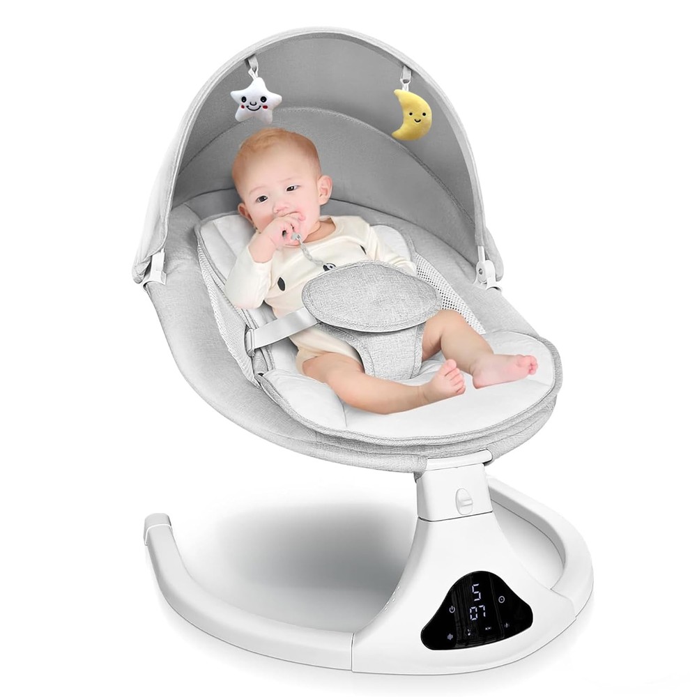 Electric Baby Swing Remote Control 5 Speeds Detachable Seat Grey 0-12M