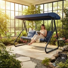 3-Seat Outdoor Swing Glider with Canopy, Converts to Flat Bed, Adjustable Shade