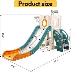 6 in 1 Toddler Playset with Hoop Ball Kids Playground Slide Outdoor Orange