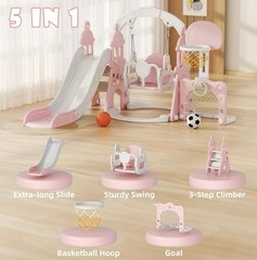 5-in-1 Pink & White Kids Playset: Slide Swing Climber Basketball Hoop Soccer