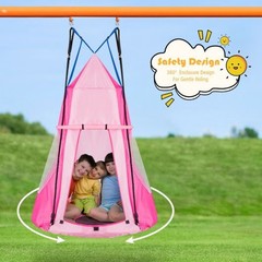 2-in-1 40 Inch Kids Hanging Chair Detachable Swing Tent Set-Pink – Color: Pink