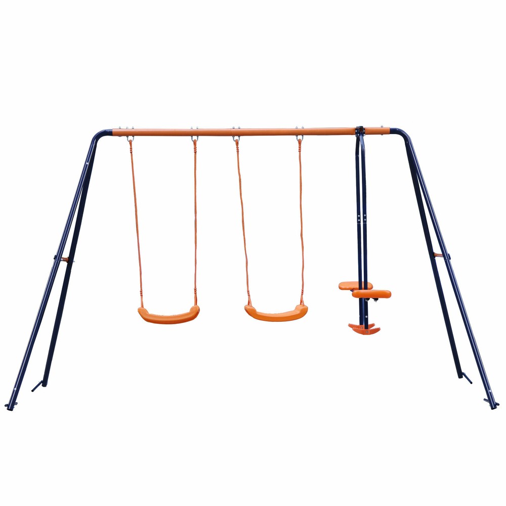 Outdoor Double Swings Set Swing with 1 Seesaw Set for Children Yard Garden Play