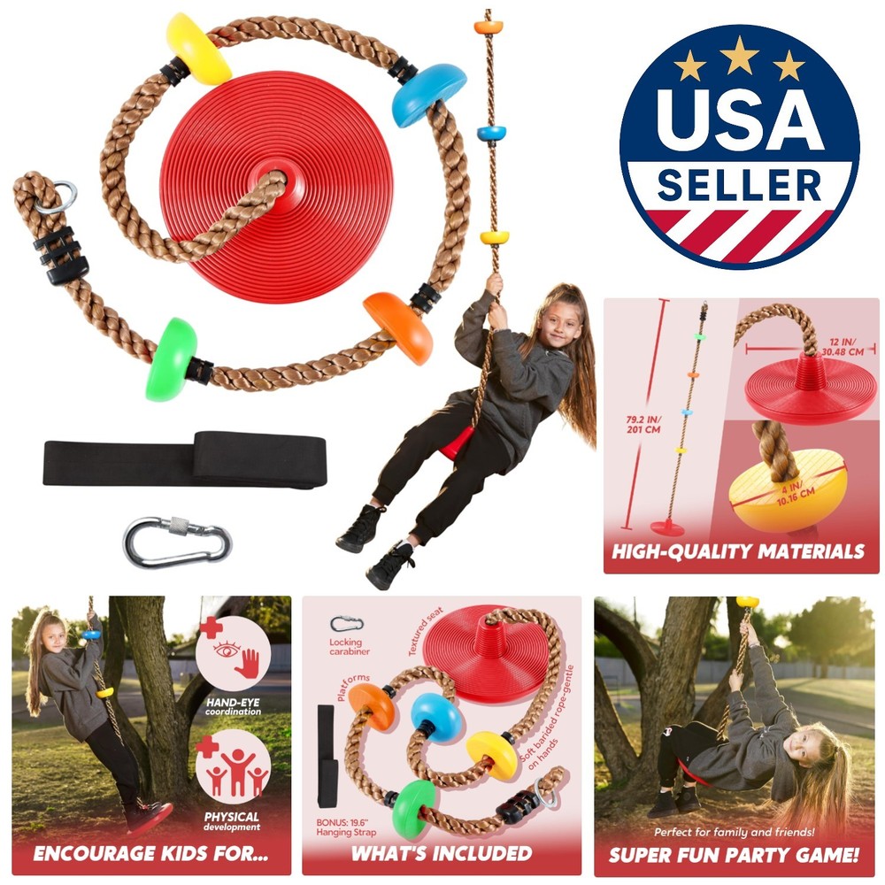 Red Outdoor Kids Tree Swing with Heavy-Duty Rope & Safety Carabiner – Fun Play