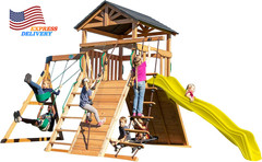 Endeavor Cedar Wood Swing Set with Wave Slide Play Deck Double Rock Wall Rope La