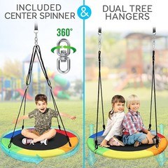 Durable Indoor/Outdoor 40” Saucer Swing with Adjustable Ropes – Rainbow Fun