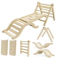 Pikler Triangle Set Climber 5 in 1, Toddler Climbing 99″Wx21″Dx23″H Natural
