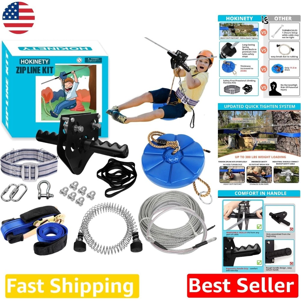 100ft Zip Line for Kids & Adults, 380LBS Capacity, Easy Ratchet Setup