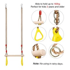 PELLOR Playground Children’s Wooden Trapeze Swing Bar with Plastic Gym Rings Swi