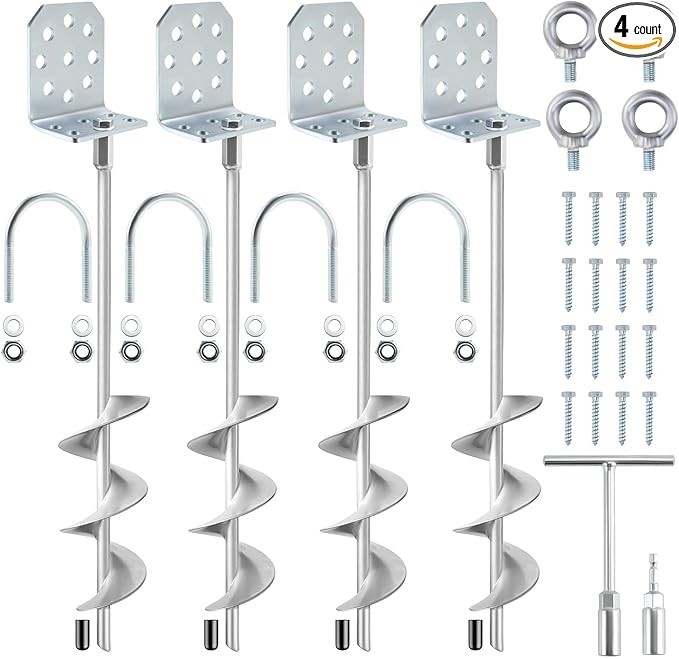 Swing Set Anchors 20″ – Heavy Duty Ground Anchors Screw in with L-Brackets & Dri