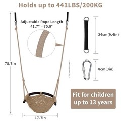 Hi-Na Tree Swing for Kids, Adjustable Toddler Rope Swing Seat with Snap Khaki