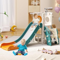 6 in 1 Toddler Playset with Hoop Ball Kids Playground Slide Outdoor Orange