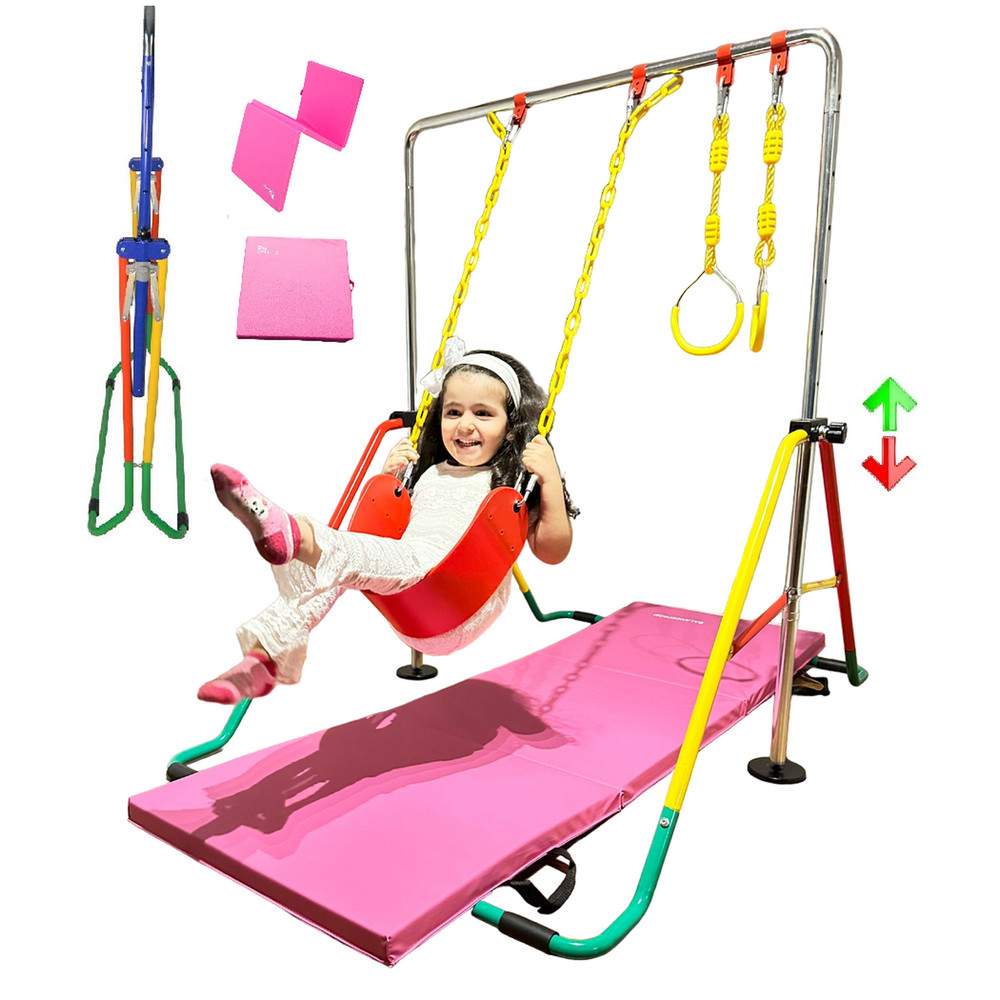 Kids Gymnastics Training Bar 5-in-1 Set + Tumble Mat, Swing Seat, Rings, Horizon
