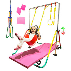 Kids Gymnastics Training Bar 5-in-1 Set + Tumble Mat, Swing Seat, Rings, Horizon