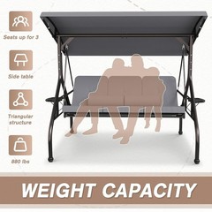 3 Seat Outdoor Porch Swing Chair, Adjustable Canopy Swing Bench, Convertible