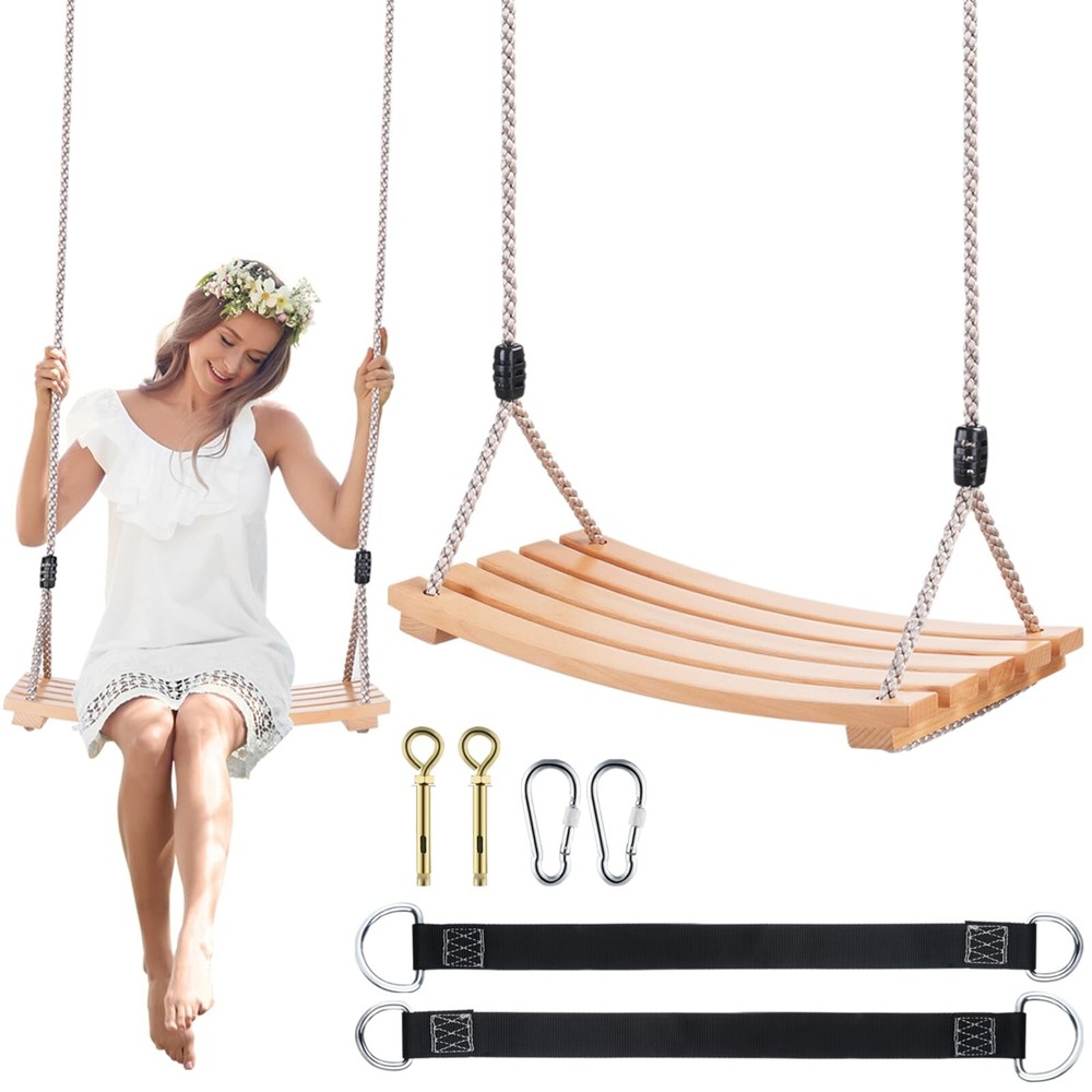 Wooden Tree Swing,Wooden Swing for Adults/Kids with 500lbs Load Capacity,Adju…