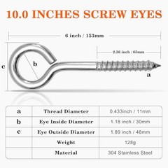 Pcs Self Tapping Eyelet Screw Eye Bolt，6 Inch Heavy Duty Screw M10-6 INCH 2
