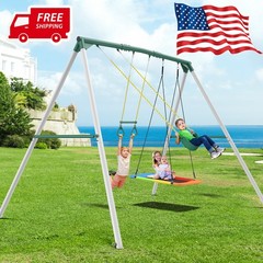Hapfan 700lbs Heavy Duty 9.5ft Metal Swing Set for Kids Backyard with 3 Swings
