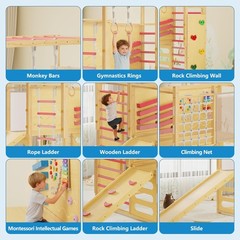 Space-Saving 9 in 1 Wooden Jungle Gym Kids 2-8, Climber w/ Slide & Net