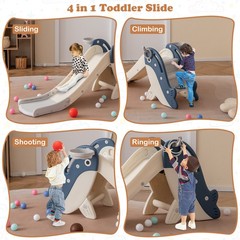 Foldable Freestanding Baby Slide Climber Playset Basketball Hoop Blue Kids Toy