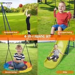 4-in-1 Swing Set for Backyard Heavy-Duty Metal Playset for 3-12 Years Old Kids