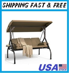 3 Seat Outdoor Porch Swing Chair, Adjustable Canopy Swing Bench, Convertible