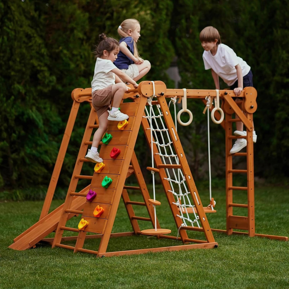 8-In-1 Small Indoor/Outdoor Playset – Foldable Wooden Kids Play Set for Backyard