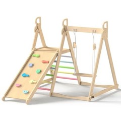 Montessori 4-in-1 Wooden Climbing Playset with Swing & Slide | Toddler Indoor