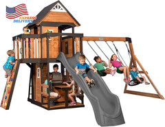 Canyon Creek Cedar Wood Swing Set with Wave Slide, Clubhouse, Play Kitchen, Picn