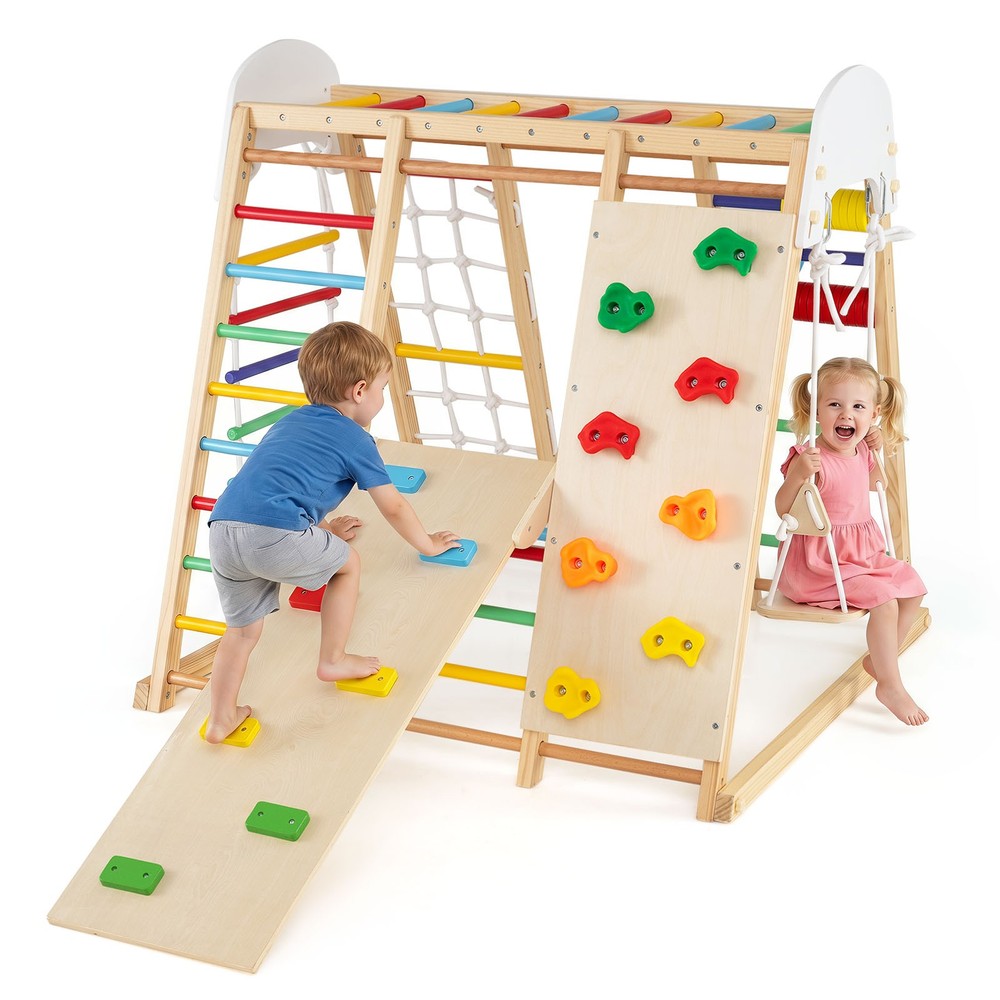 Indoor Jungle Gym for Kids 8-in-1 Montessori Climber Playset w/Swing Monkey Bars