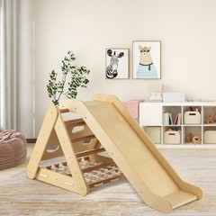 Wooden Climbing Toys Set Triangle Climber w/ Sliding Ramp Natural